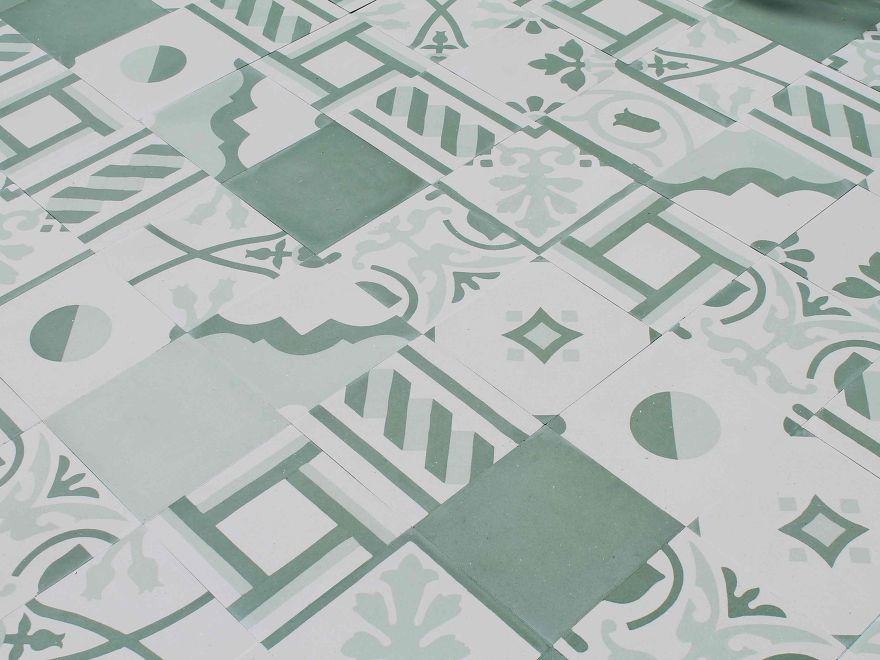 Patchwork cement tiles white & green